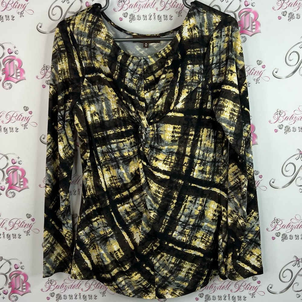 Melanie Lyne long sleeve plaid Chic Women's Blouse in Yellow and Black Pattern